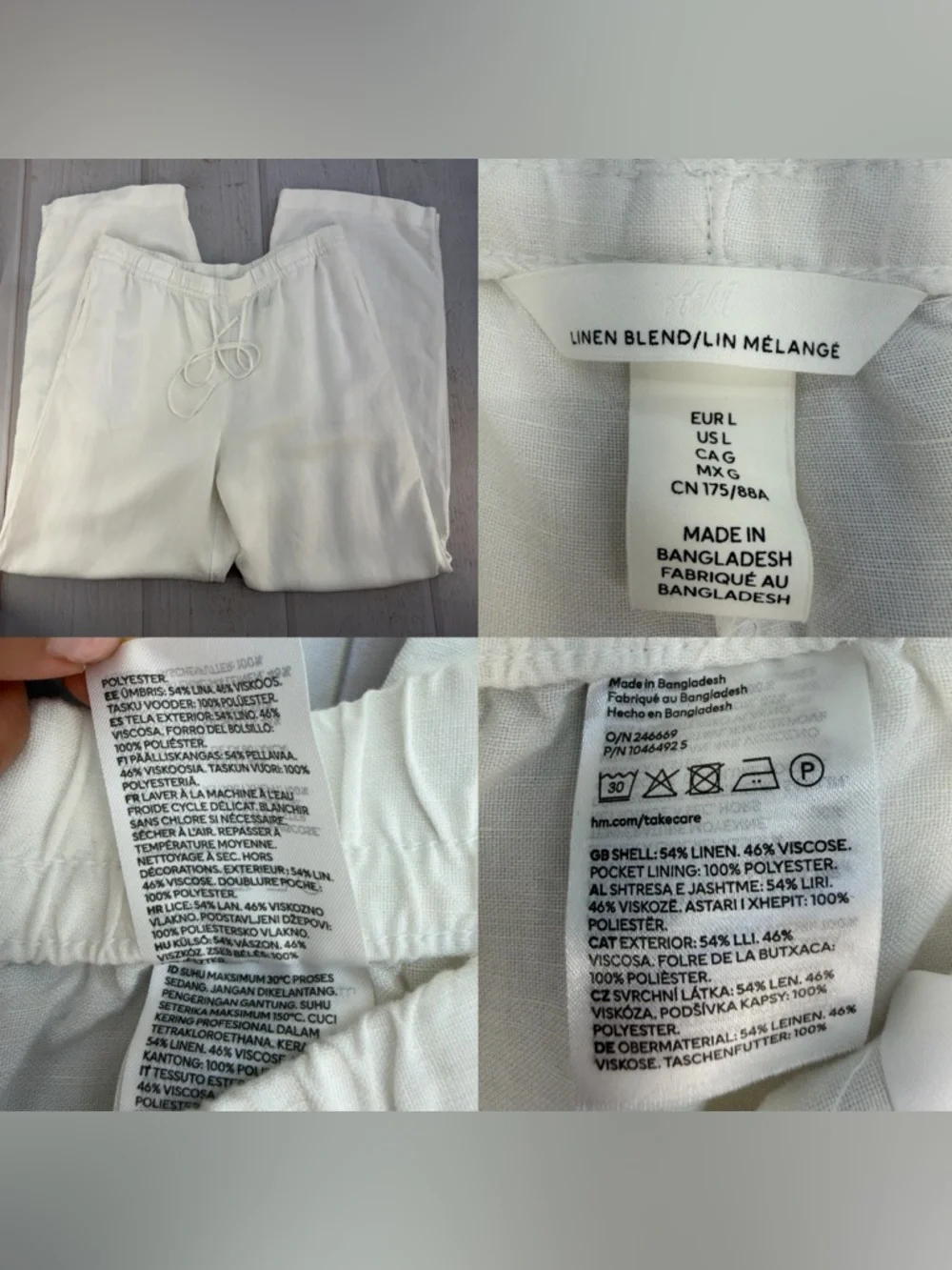 H&M Linen Blend White Wide Leg Pants Elastic Waist Size L